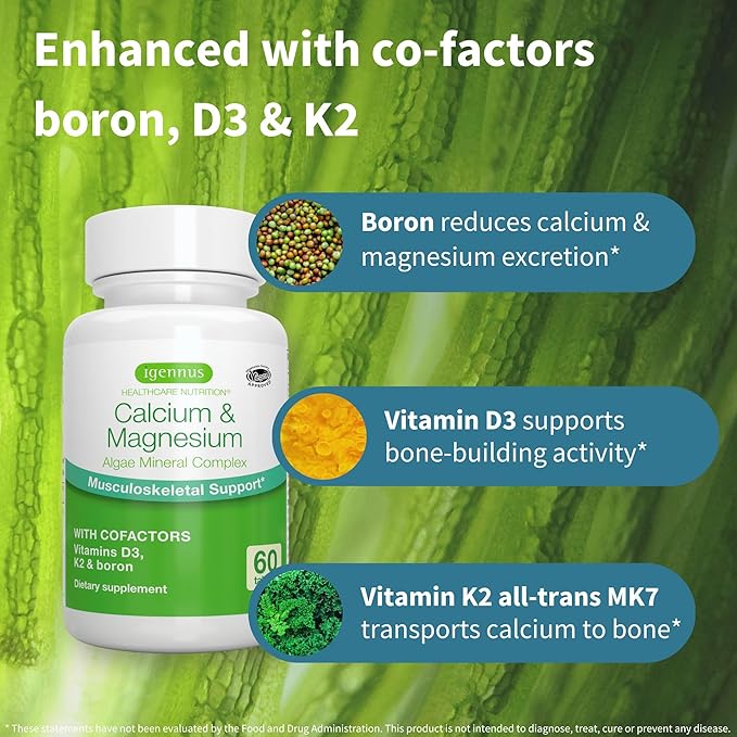 Igennus Algae Calcium & Magnesium Supplement, Plant Based, High Absorption, K2 & D3, Non-GMO Red Algae Mineral Complex for Bone & Teeth Support, for Women and Men, with Boron, Vegan, 6 x 60 Tablets
