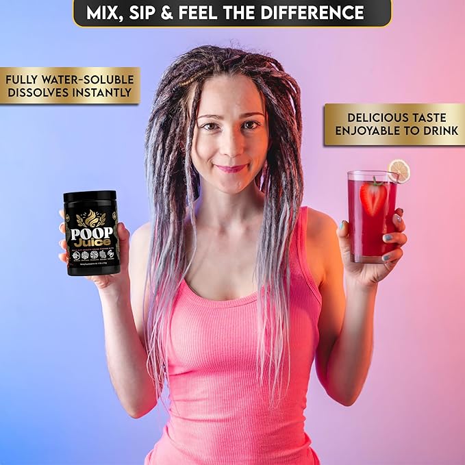 Poop Juice 5-in-1 Prebiotic, Probiotic, Postbiotic, Digestive Enzymes & Glutamine Supplement Powder - Bloat Relief, Gut & Immune Support - Sugar & Lactose-Free - 30 Servings (Georgia Peach Mango)