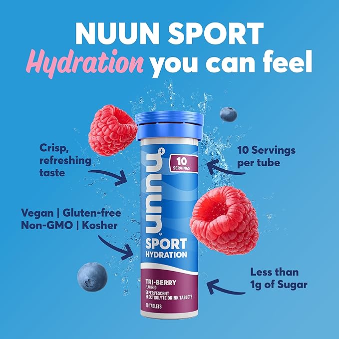 Nuun Sport Electrolyte Tablets with Magnesium, Calcium, Potassium, Chloride & Sodium, Gluten Free & Vegan, Tri-Berry, 8 Pack (80 Servings Total)