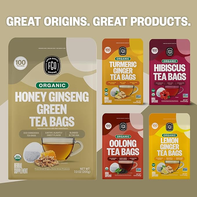 FGO Organic Honey Ginseng Green Tea, 20 Count, Eco-Conscious Tea Bags, Resealable Bag, Packaging May Vary (Pack of 1)