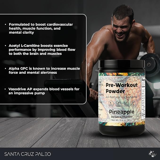 Santa Cruz Paleo Natural Pre Workout Powder, Pineapple, Keto Preworkout with Electrolytes, Magnesium, Potassium, L-Citrulline, 150mg Caffeine, Sugar Free Drink Mix for Energy & Hydration, 30 Servings