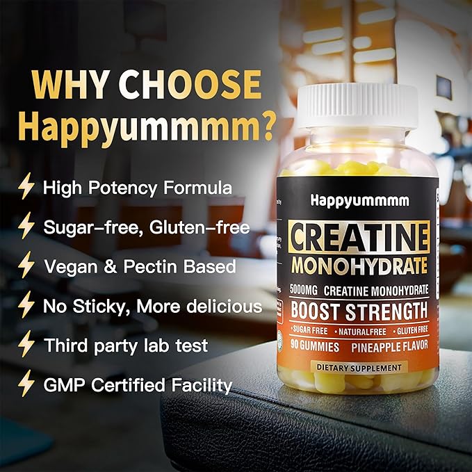Creatine Monohydrate Gummies 5000mg for Men & Women, Chewables Creatine Monohydrate for Muscle Strength, Muscle Builder, Energy Boost, Pre-Workout Supplement(90 Count)-Pineapple.