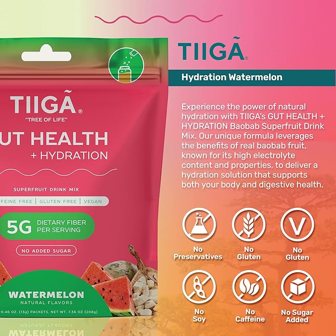 Tiiga 2-in-1 Gut Health + Hydration Drink Mix – Natural Debloat Formula with 75%+ Baobab & Coconut Water. High in Antioxidants, Prebiotics, Zero Added Sugar, Supports Digestion, Energy & Helps Debloat