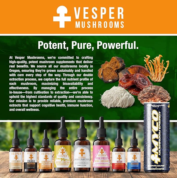 Vesper Gray Matter Mushroom Liquid Extract - 5 Mushroom Blend with Wild Huckleberries for Cognition, Energy, Aging Support, Rest & Prebiotics, USA-Grown, for Full-Spectrum Wellness – 4oz
