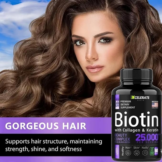 Radiant Glow Complex with Collagen Biotin Keratin Niacin Folate Vitamin B12 & D Skin Hair and Nail Health 25,000
