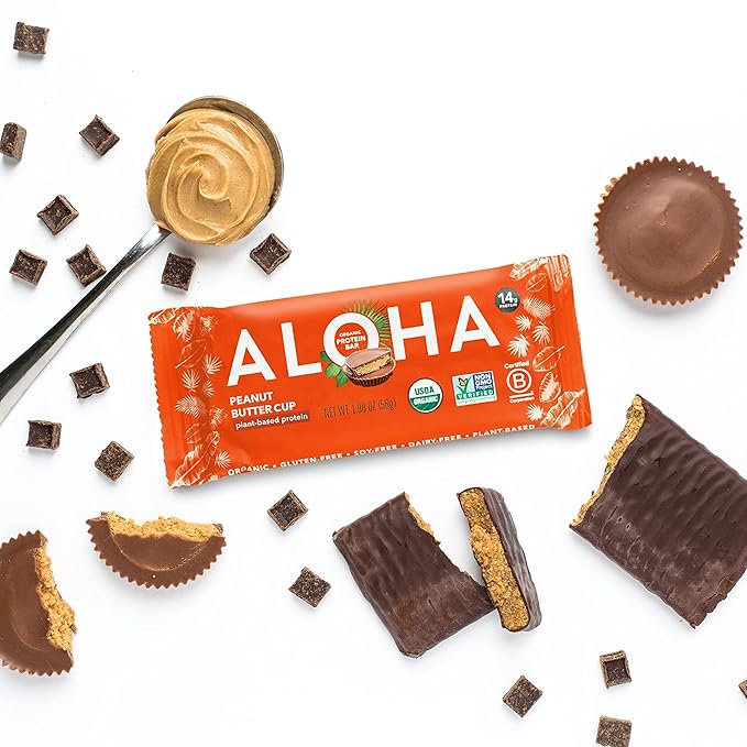 ALOHA Organic Plant Based Protein Bars - Peanut Butter Cup Bar - Vegan, Low Sugar, Gluten-Free, Paleo, Low Carb, Non-GMO, No Stevia, No Erythritol