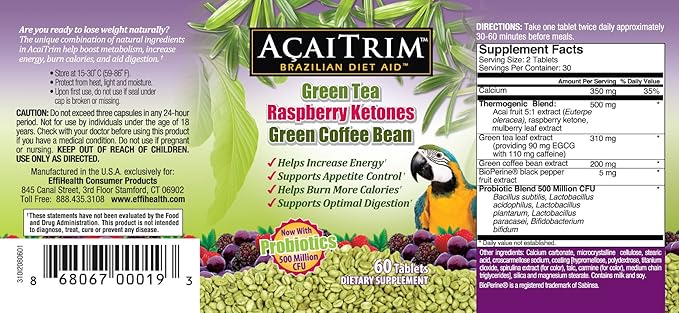 AcaiTrim- Weight Loss Supplement- Green Tea Extract, Green Coffee Bean Extract, Raspberry Ketones, Acai, & Probiotics – Supports Metabolism & Energy for Men & Women- 60 Acai Berry Capsules