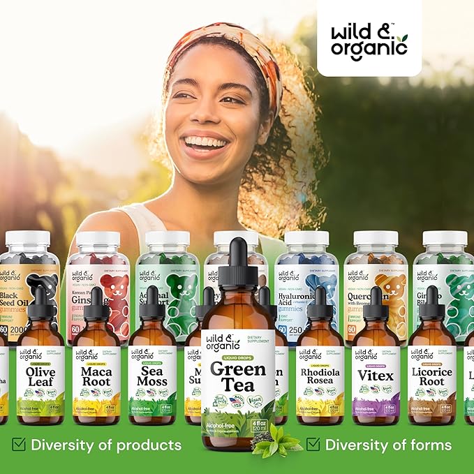Wild & Organic Green Tea Extract Liquid Drops - Antioxidant-Rich Green Tea Supplement - 2-Month Supply - Vegan, Sugar & Alcohol-Free Camellia Sinensis Tincture - 4 fl oz