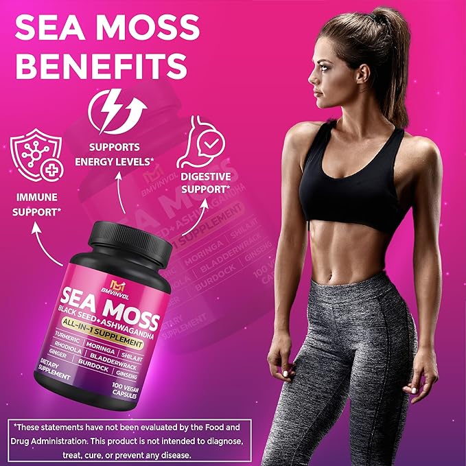 BMVINVOL Sea Moss Black Seed Shilajit Ashwagandha + Bladderwrack, Ginger, Moringa, Turmeric, Burdock, Ginseng, Rhodiola Rosea - 100 Capsules