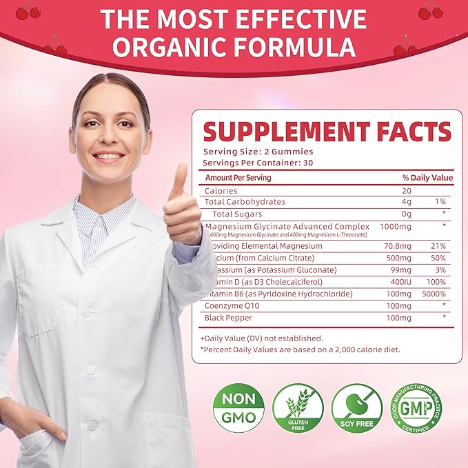 Magnesium Glycinate Gummies - Sugar Free Magnesium Potassium Supplement with Vitamin D, B6, CoQ10 for Calm Mood & Sleep Support - 60 Cherry Gummies -1 Pack