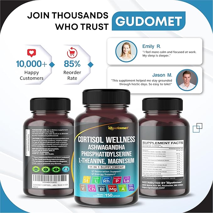 CORTISOL Wellness Magnesium Ashwagandha L-Theanine Phosphatidylserine Rhodiola Rosea Passionflower Lavender Chamomile -150 Capsules- Made in USA