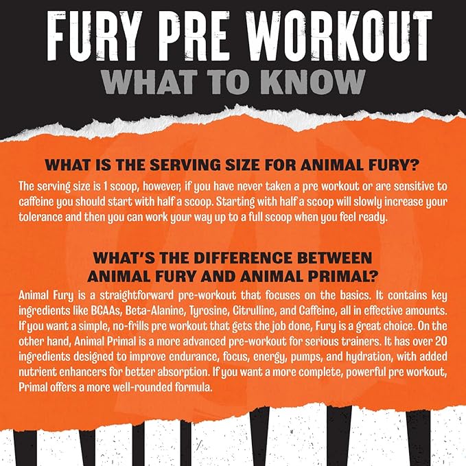 Animal Fury Pre Workout Powder - Endless Energy and Focus Supplement with 5g BCAA, 350mg Caffeine Nitric Oxide Booster with Beta-Alanine Preworkout for Men and Women, NEW Kiwi Lime Flavor, 30 Servings