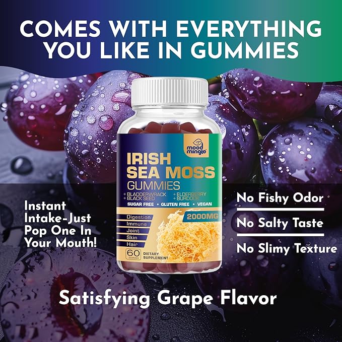 Irish Sea Moss 2000mg Gummies - Bladderwrack Burdock Elderberry Black Seed Turmeric Omega-3 Vitamins C D3 Zinc - Seamoss Supplements for Adults Kids - Vegan Sugar Gluten Free Chewable Gummy