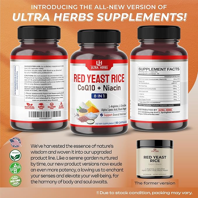 Ultra Red Yeast Rice CoQ10 - Promote Overall Health with Niacin, L-Arginine, L-Citrulline (90 Count (Pack of 1))
