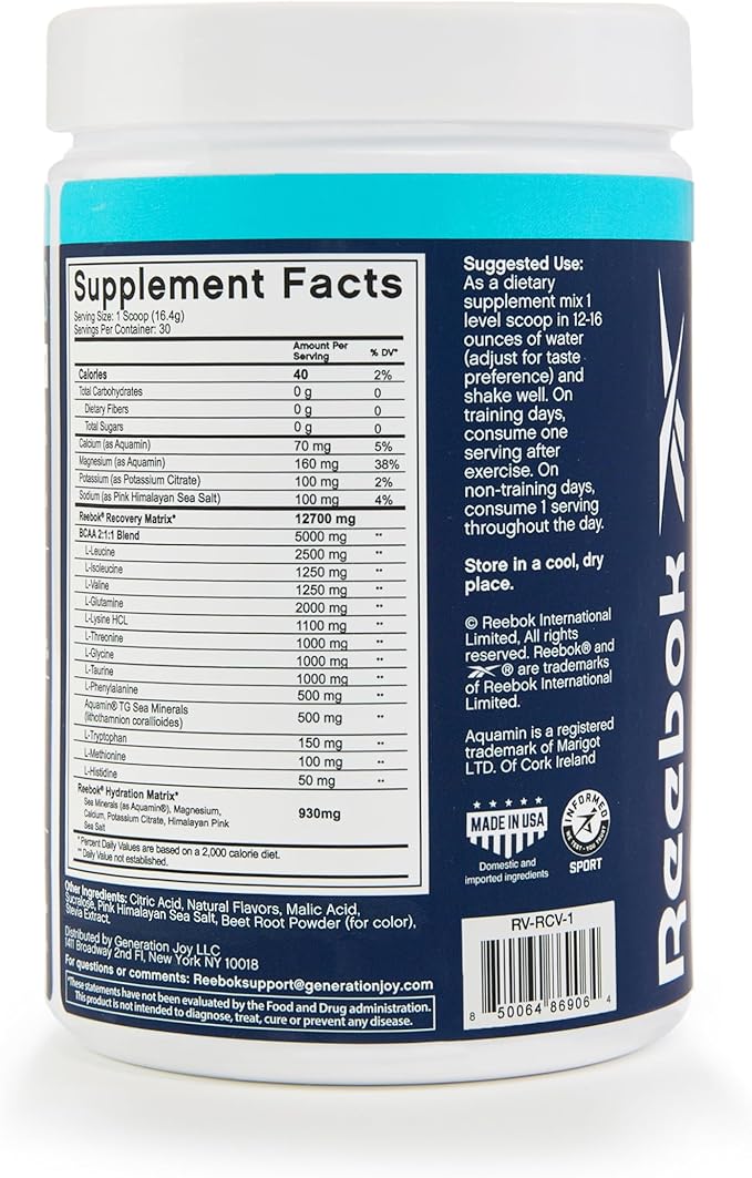 Reebok REECover Amino Acids + Electrolytes | 8g EAAs, 5g BCAAs, Hydration Matrix | Muscle Recovery, Strength | Post-Workout Support | 30 Servings | Strawberry Lemonade