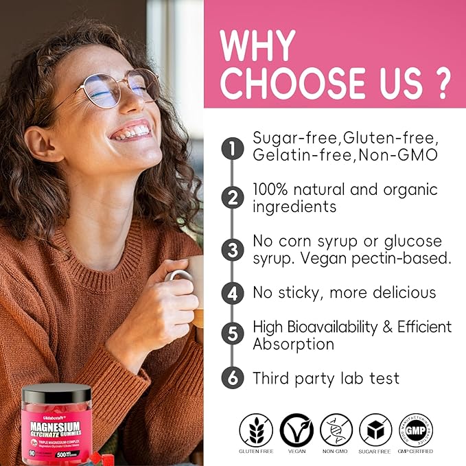 Sugar Free Magnesium Gummies 500mg - High Absorption Magnesium Glycinate, Citrate, Malate with Ashwagandha for Muscle Comfort, Energy Support & Better Zzz –Natural Mixed Berry Flavor, 90 Gummies.
