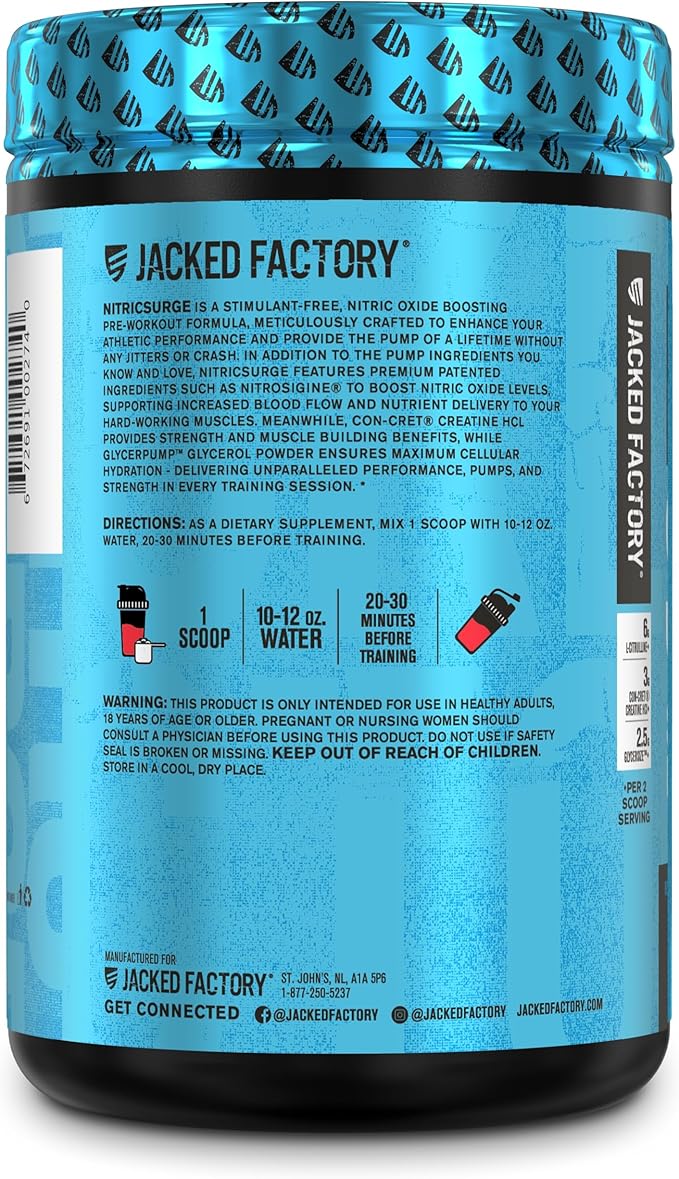 Jacked Factory Nitric Surge Stim Free Pre Workout Powder - Caffeine-Free Nitric Oxide Supplement w/Con-Cret Creatine, L Citrulline, & GlycerSize Glycerol - Cherry Kiwi, 30 Servings