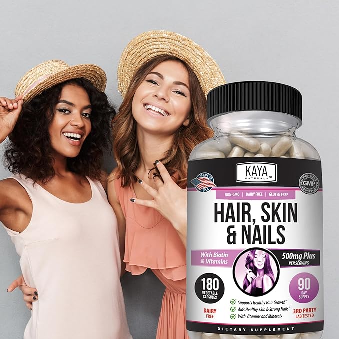 Kaya Naturals Hair Skin Nail Capsules BIOTIN Vitamin D Vitamin B-12 A Folic Acid Support, Hair Support Vitamin Supplement - 180 Count