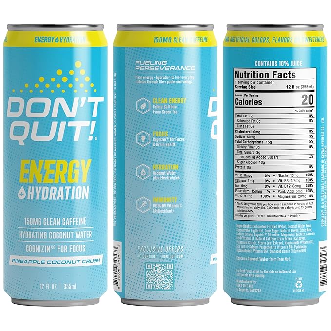 DON’T QUIT Clean Sports Energy Drink - 150 Milligrams of Natural Caffeine with Coconut Water and Electrolytes for Hydration and Cognizin® for Attention and Focus - (Pineapple Coconut Crush, 12 Pack)