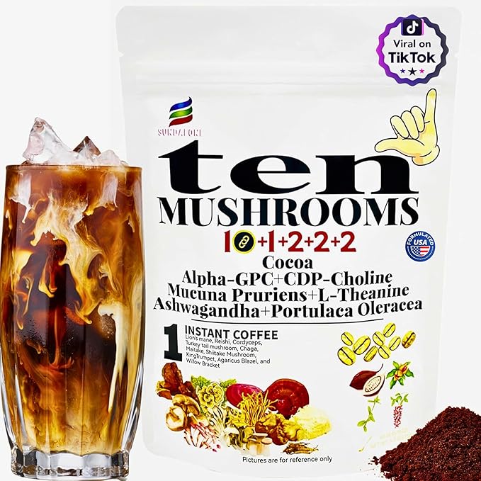 SUNDAFONE 17-in-1 Mushroom Coffee Powder with L-Theanine,Alpha-GPC,Ashwagandha for Boost Brainpower,Sharpen Focus,Lift Mood,Ease Stress,Support Heart & Immunity, 60 Servings Instant 10 Mushroom Coffee