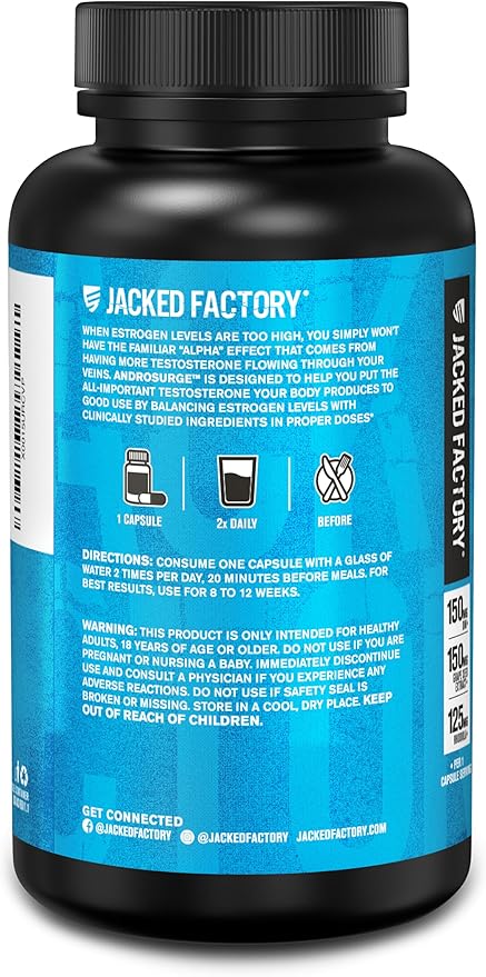 Jacked Factory Androsurge Estrogen Blocker for Men - Natural Testosterone Booster for Men & Estrogen Metabolizer with Tongkat Ali, DIM, Long Jack & More - Test Booster & Muscle Builder - 60 Count