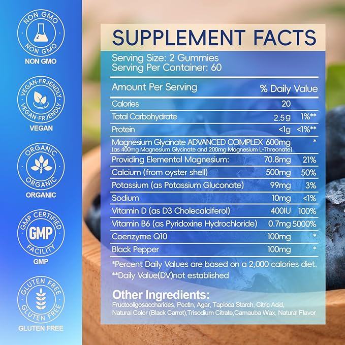 Magnesium Glycinate Gummies 600mg, Chewable Sugar Free Potassium Gummies with Magnesium Glycinate, Vitamin D, B6, and CoQ10 for Calm Support & Sleep for Adults, 60 Days Supply