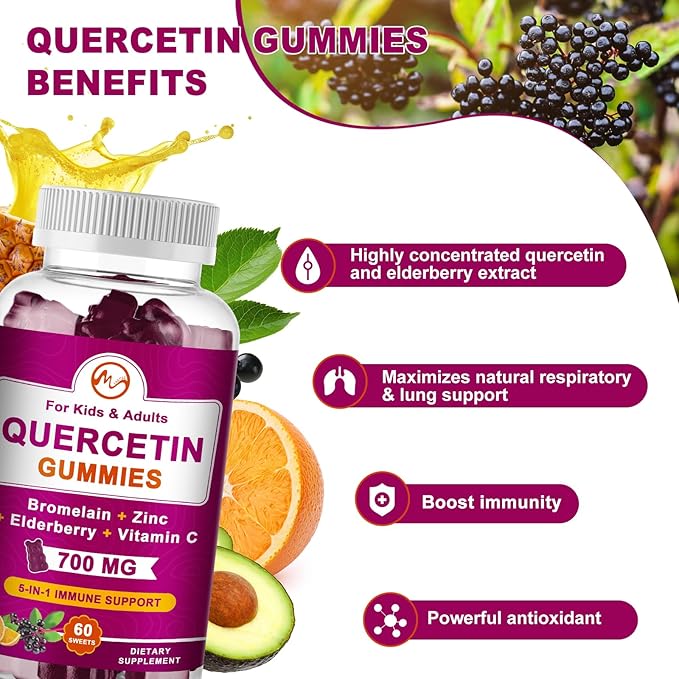 Quercetin Gummies with Bromelain, Elderberry, Zinc and Vitamin C - Chewable Quercetin 700 mg Supplement for Immunity, Allergy, Antioxidant Support - Vegan Gummies, 60 Gummies