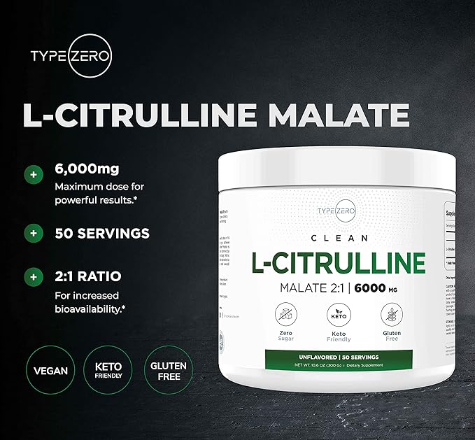 Type Zero L-Citrulline Malate Powder 2:1 6X (300g | 6000mg Per Serving | Unflavored) Ultra Clean L Citrulline, Nitric Oxide Booster, Pre Workout - Nitrous Oxide Vasodilator Supplement