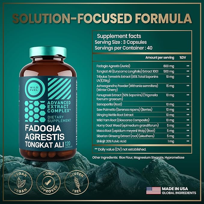 Fadogia Agrestis and Tongkat Ali Supplement - 600mg Fadogia Agrestis for Men, 500mg Longjack Tongkat Ali, Ashwagandha Maca Fenugreek Complex - Muscle Strength, Energy, Mood Support - 120 Capsules