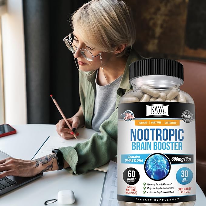 Kaya Naturals - Nootropic Brain Booster - for Memory & Focus - Brain Support Supplement - Focus & Concentration & Learning Accuracy - Cognitive Function - 60 Count