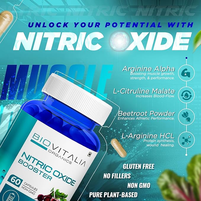 Biovitalia Nitric Oxide Booster Capsule L-Arginine Capsule Beetroot Supplement for Men & Women | Promote Blood Flow & Pre Workout Muscle Pump for Bodybuilding - 60 Vegan Capsules