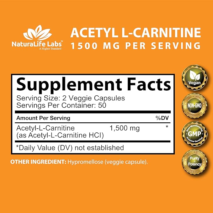 Acetyl L-Carnitine 1,500 mg High Potency Supports Energy Production, Sports Nutrition, Supports Memory/Focus - 100 Veggie Capsules
