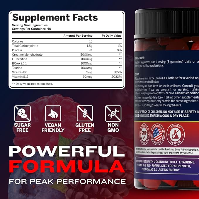 Pre-Workout Gummies – 120-Count Creatine Monohydrate Gummies for Men and Women – Pre-Workout Supplement with BCCA, L-Carnitine, Taurine for Muscle Growth, Energy, Performance – Berry Flavor