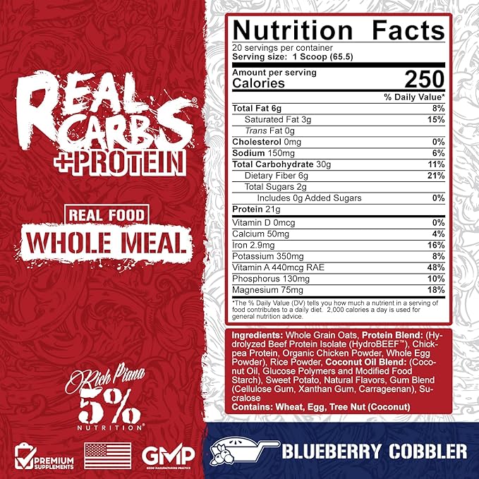 5% Nutrition Rich Piana Real Carbs + Protein | Clean Mass Gainer Protein Powder | Real Food Carbohydrate Fuel for Pre Workout/Post-Workout Recovery Meal | 2.89 lb, 20 Srvgs (Blueberry Cobbler)