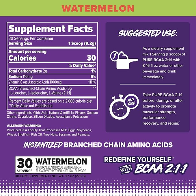 FINAFLEX Pure BCAA 2:1:1, Watermelon - 9.7 oz - Promotes Strength, Recovery & Performance - with 2:1:1 Ratio of Leucine, Isoleucine & Valine + Vitamin C - 30 Servings