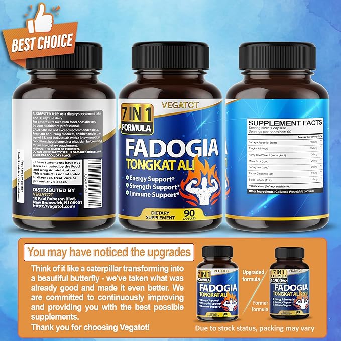 VEGATOT 7 in 1 High Strength Fadogia Concentrated with Tongkat Ali Maca Root Fenugreek Ginseng Boost Energy Stamina 3-Month Supply (90 Count (Pack of 1))