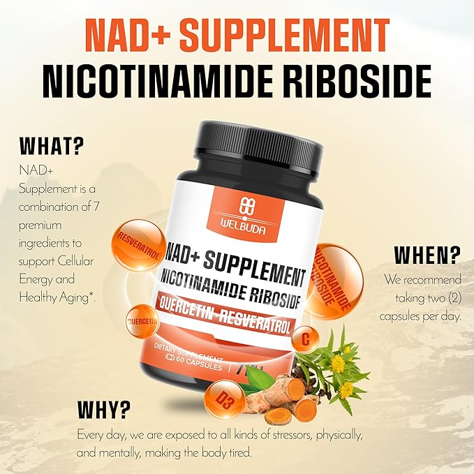 NAD+ Supplement with Nicotinamide Riboside Per Serving w/Resveratrol, Quercetin, Turmeric, Rhodiola Rosea, Vitamin D3 and Vitamin C - 60 Capsules