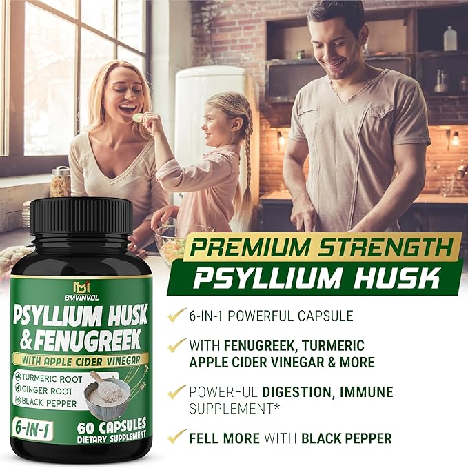 BMVINVOL 6in1 Psyllium Husk, Fenugreek, Apple Cider Vinegar, Turmeric, Ginger, Black Pepper - Soluble Fiber for Supports Digestive Health & Regularity (60 Capsules)