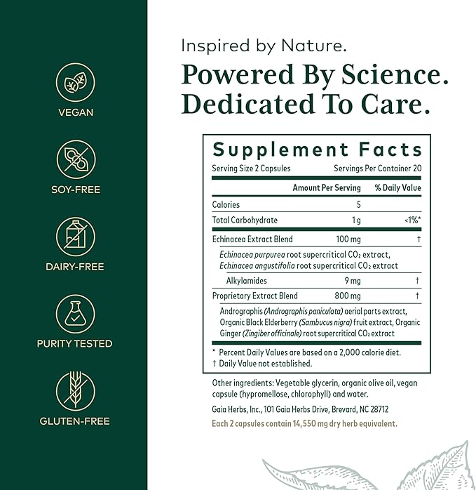 Gaia Herbs Pro Immune Activator - Immune Support Supplement - Features Echinacea, Ginger Root, Elderberry & Andrographis - Vegan, Dairy-Free & Gluten-Free - 40 Liquid Phyto-Caps (20 Servings)