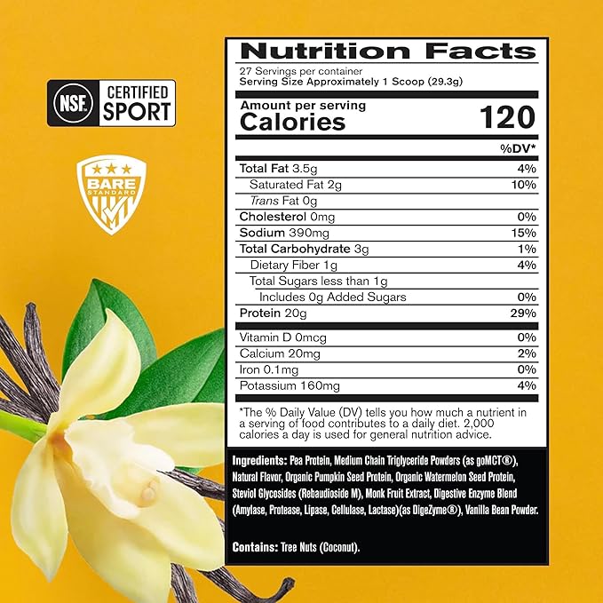 BARE PERFORMANCE NUTRITION Vegan Protein, Plant Based Protein, Pea Protein, Watermelon Protein and Pumpkin Protein, Naturally Sweetened and Flavored (Vanilla)