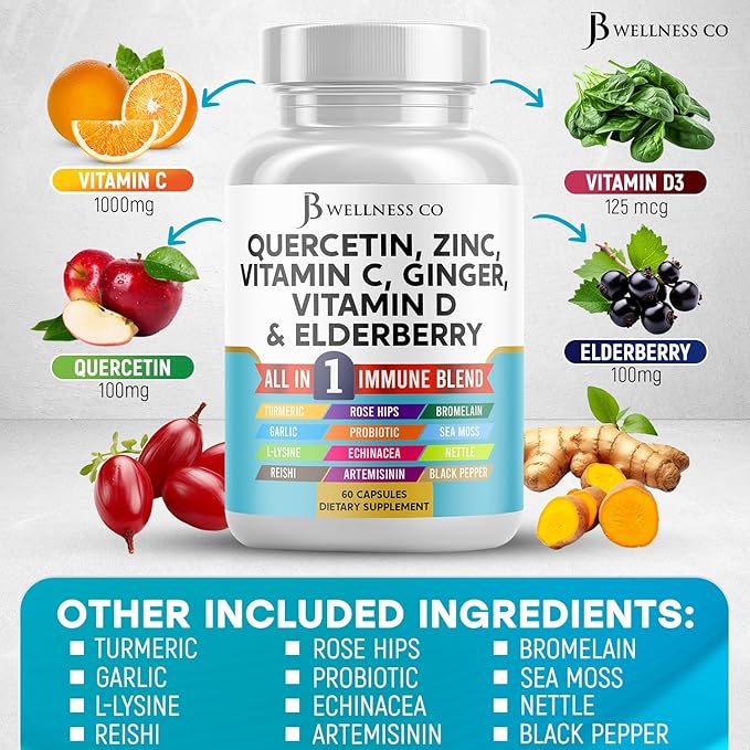 Quercetin Zinc Vitamin C Vitamin D Bromelain Elderberry - Nettle Supplement with Artemisinin, Sea Moss, Echinacea - 60 Count