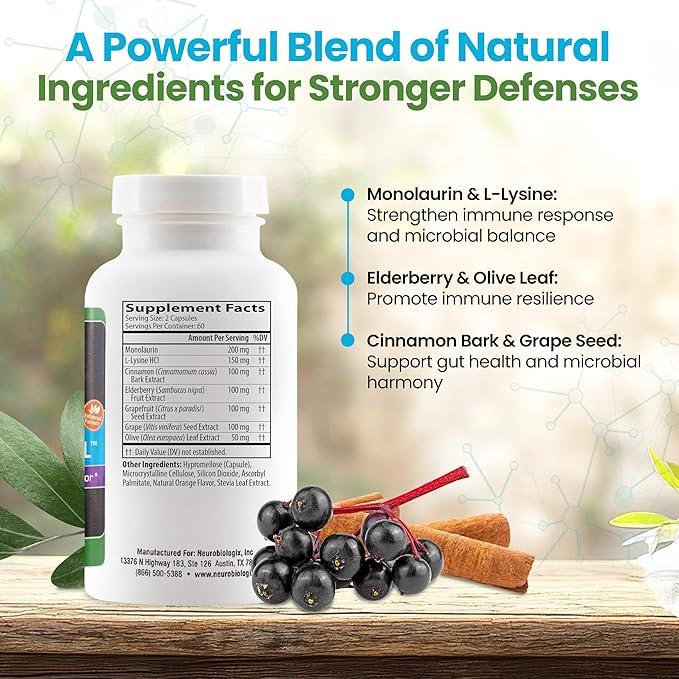 Neuro Immune Infection Control – Advanced Gut & Immune Support Supplement – Helps Maintain Yeast Balance & Digestive Function - Contains Monolaurin, L lysine, Elderberry, Cinnamon & Olive Leaf