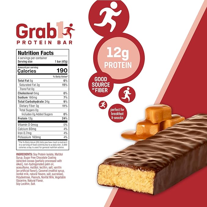 Grab1 Sugar Free Protein Bars, Caramel Deluxe (3 Pack- 12 Bars) | Delicious and Nutritious | Low Calorie | Only 1g Sugar