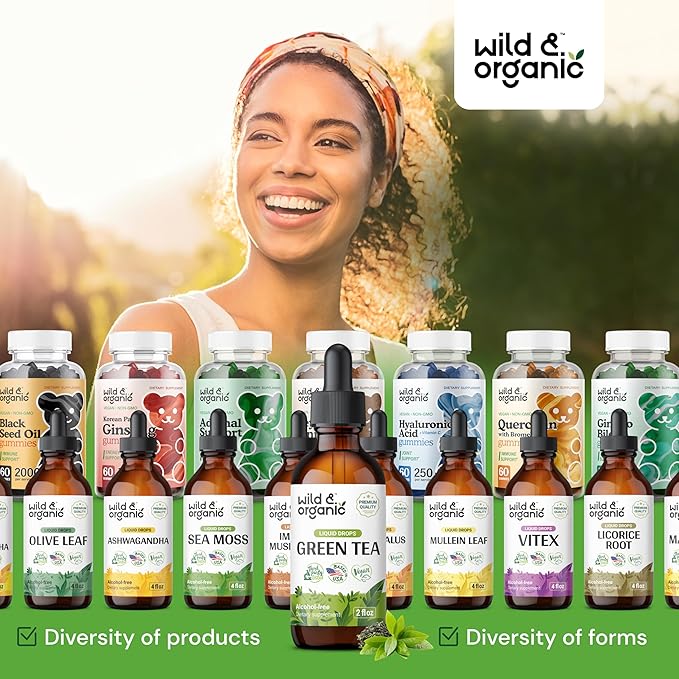 Wild & Organic Green Tea Extract Liquid Drops - Antioxidant Supplement - Natural Green Tea Supplements w/Camelia Sinensis - Vegan, Sugar & Alcohol-Free Tincture - 2 fl oz