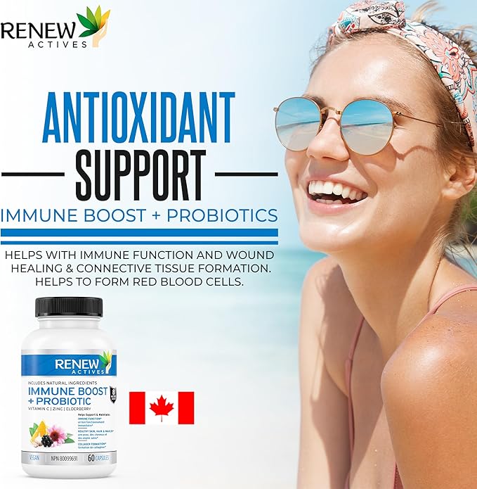 RENEW ACTIVES Antioxidant – Elderberry, Probiotics, Zinc, Vitamin C & Organic Turmeric 700MG per 2 Capsules – For Immune Function, Collagen Formation, & Overall Wellness – Made in Canada - 60 Capsules