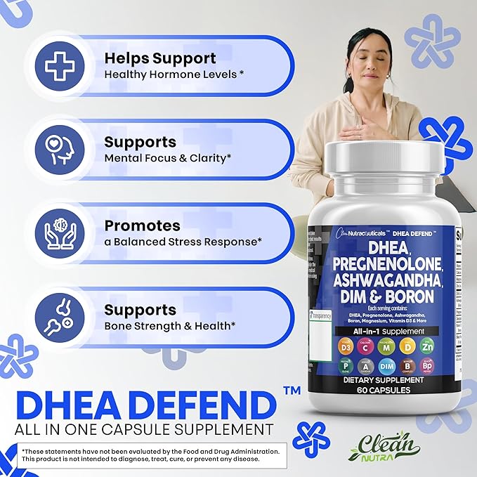 DHEA 200mg Supplement Pregnenolone 100mg for Men & Women with DIM Ashwagandha Boron 6mg Complex Calcium Magnesium Zinc 50mg Vitamin D3 5000 iu Hormone Support Capsules Pills - Made in USA 60 Ct