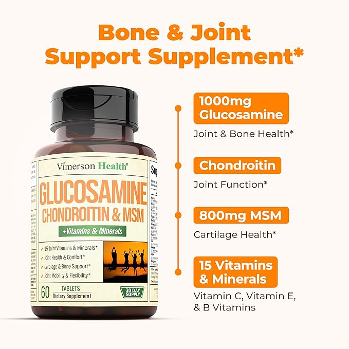 Glucosamine Chondroitin MSM Joint Support Supplement with Glucosamine Sulfate 1000 mg Plus 15 Nourishing Joint Complex Vitamins - Premium Joint Health MSM Supplement for Women and Men - 60 Tablets