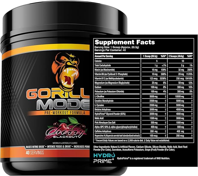 Gorilla Mind Pre Workout - Massive Pumps Laser Focus Energy Power - L-Citrulline, Creatine, L-Tyrosine, Betaine, Hydroprime, Alpha-GPC, 400mg Caffeine, Huperzine A - 812g (Cherry)