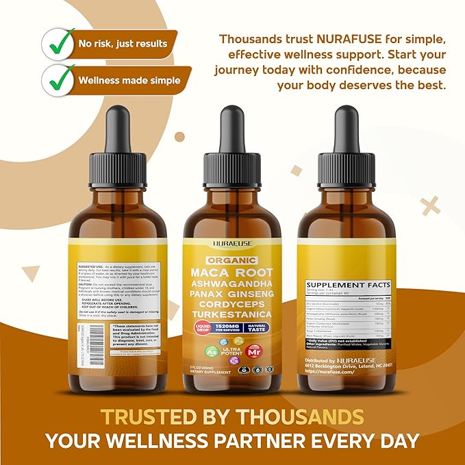 Organic Maca Root, Ashwagandha, Panax Ginseng, Cordyceps, Turkestanica Liquid Drops – 1520mg per Serving, Ultra Potent, USA Made & Lab Tested – 2 FL OZ (60ml)