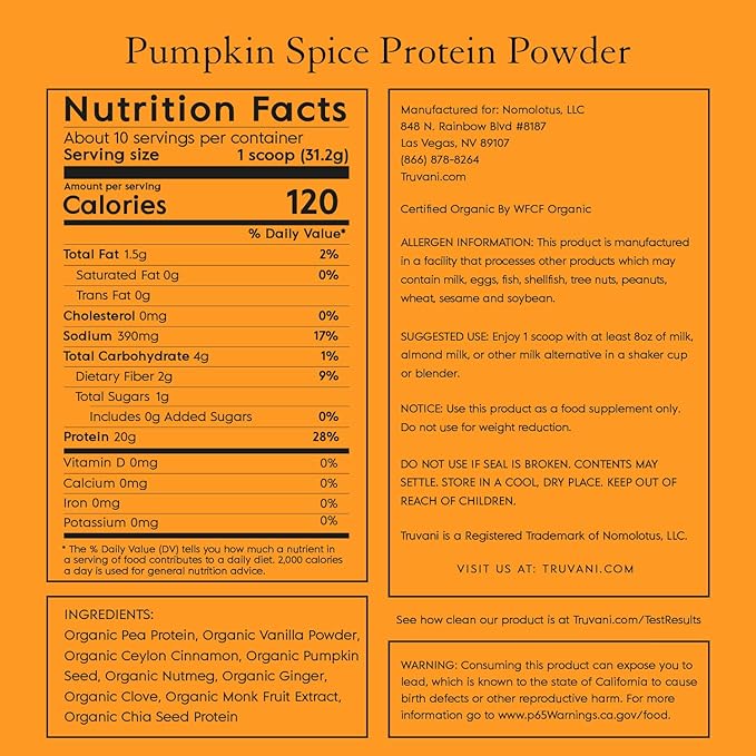 Truvani Vegan Pea Protein Powder | Pumpkin Spice | 20g Organic Plant Based Protein | 10 Servings | Keto | Gluten & Dairy Free | Low Carb | No Added Sugar